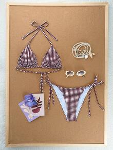 Swim Mod 2026 Spring/Summer Spaghetti Strap Halter Neck Purple & Red Plaid Side High Cut Lace-Up Thong Panties, Sweet Vacation Style For Women - Multicolor - View 1