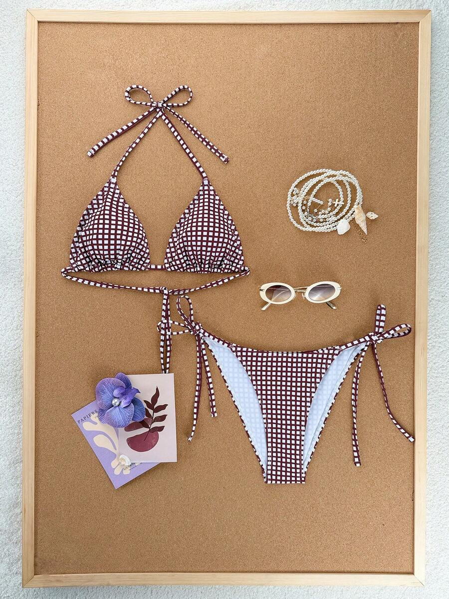 Swim Mod 2026 Spring/Summer Spaghetti Strap Halter Neck Purple & Red Plaid Side High Cut Lace-Up Thong Panties, Sweet Vacation Style For Women - Multicolor - View 1