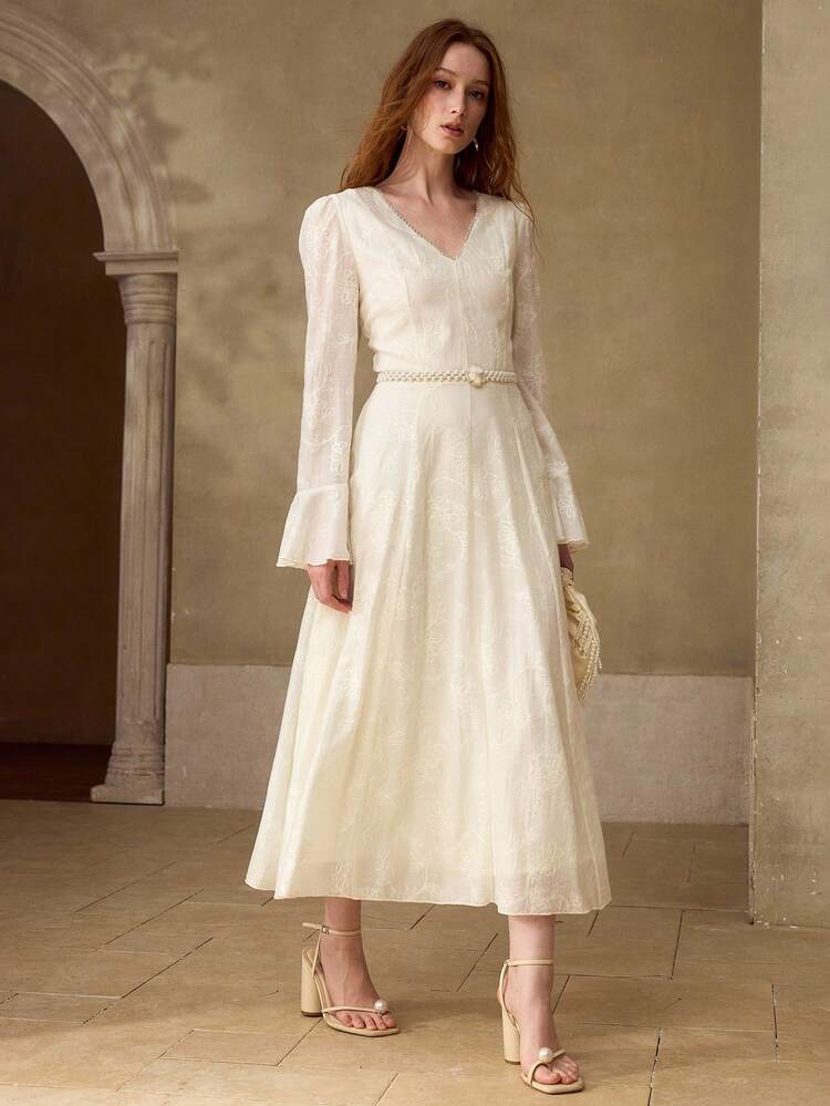 ELEGANT JACQUARD FABRIC FLARE SLEEVE BELTED LONG DRESS FOR WOMEN