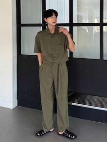 DAZY Bộ áo polo ngắn tay và quần dài nam, màu xanh quân đội, thích hợp cho mùa xuân/hè. - màu xanh lá - Xem 4