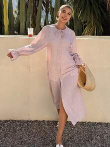 Livesso Pink Round Neck Long Sleeve Drawstring Loose Vacation Midi Dress For Women, Spring/Summer Sundress - Pink - View 5