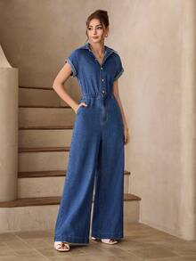 Selenza Women's Elegant Short Sleeve Denim Jumpsuit, Summer - Medium Wash - View 6