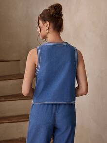 Selenza Women's Summer Casual Embroidered Patch Denim Vest - Blue - View 2