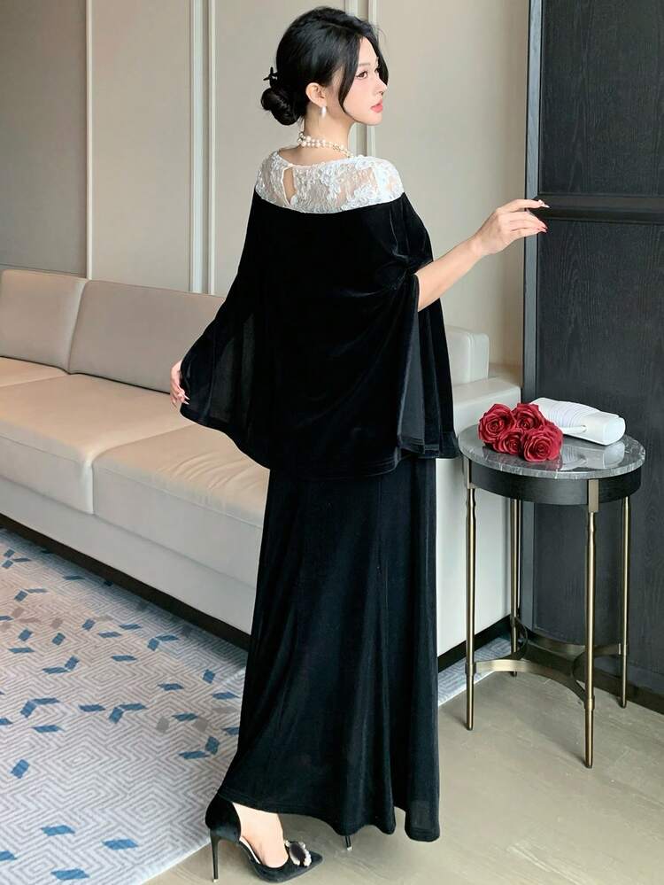 Women's Colorblock Lace Patchwork Velvet Fabric Elegant Long 2 Pieces Set Summer Off The Shoulder