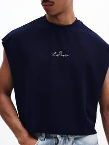 SUMWON Men Navy Sleeveless Tank Top With Script Logo Embroidered Design Crew Neck Regular Fit Summer Casual Wear - Navy Blue - View 5