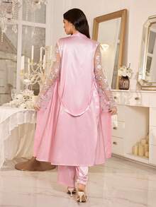 LuxeNights 3pcs Set: Embroidered Trim Faux Silk Camisole, Pants And Robe Sleepwear Set - Pink - View 2