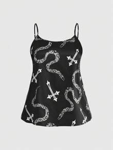 ROMWE Plus Size Gothic Cross & Snake Print Satin Camisole & Shorts Pajama Set - Black and White - View 8
