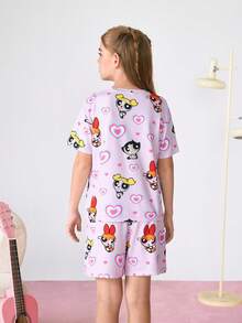 THE POWERPUFF GIRLS X SHEIN 2pcs Tween Girl Cute Style Pajamas, Cartoon Print Round Neck Short Sleeve Top And Shorts Comfortable 2-Piece Set - Multicolor - View 2