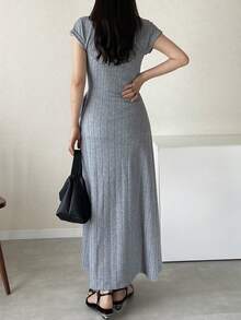 FRIFUL 女士圆领短袖连衣裙，交叉裹身裙摆，纹理面料长裙，夏季 - 灰色 - 查看 7