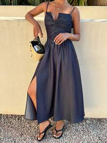 DAZY 休闲度假沙滩装露背中长连衣裙，适合春夏穿着 - 藍色 - 查看 3