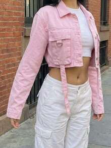 SHEIN ICON Women's Casual Turndown Collar Single-Breasted Long Sleeve Denim Jacket, Versatile For Daily Wear - Pink - View 2