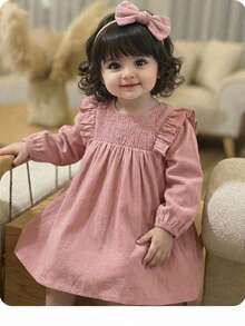 Babygirl Loose Fit Ditsy Floral Long Sleeve Dress, Vacation Style - Pink - View 1