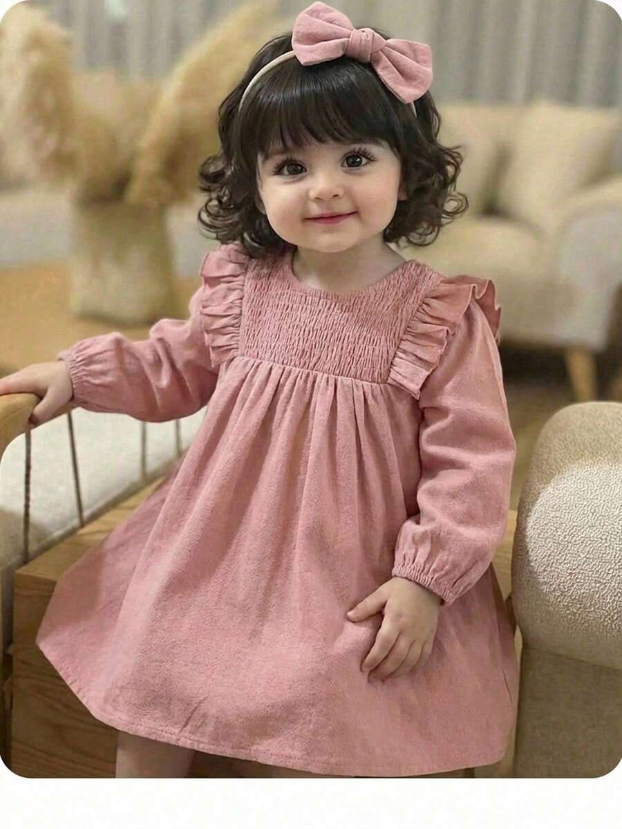 Babygirl Loose Fit Ditsy Floral Long Sleeve Dress, Vacation Style - Pink - View 1