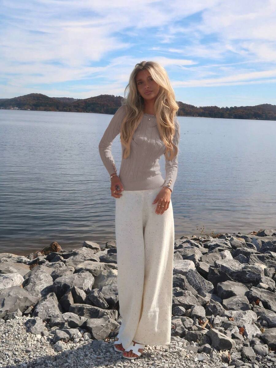 Sydney Algeri 女式简约优雅休闲学院风百搭圆领粗针织修身毛衣 - 杏色 - 查看 1