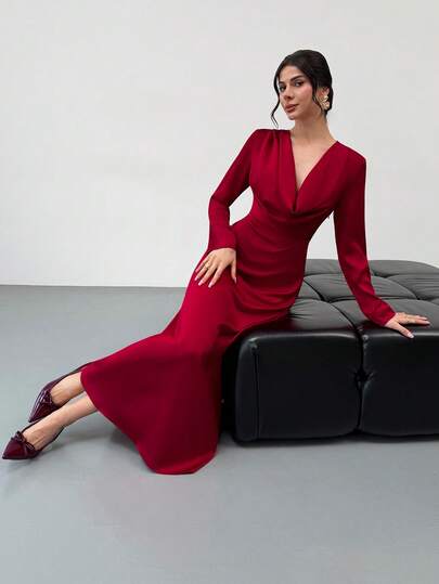 Firerie 女士新款优雅派对婚礼宾客礼服，红色缎面绉纱面料，深V领长袖修身连衣裙，初夏装扮，婚礼宾客礼服
