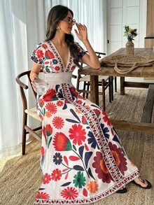 Elouméa 女士植物印花撞色主教袖修身连衣裙 - 彩色 - 查看 3