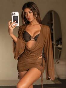 Swim SXY 4件套女士新款吊带露背泳衣上装、侧系带比基尼泳裤、长袖套头衫和迷你裙套装 - 咖啡棕 - 查看 1