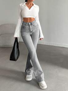 SHEIN Plus Hight Waist Snow Wash Flare Jean Pants Flare Leg Boot Cut Jeans Flared Jeans For Women - Grey - View 6