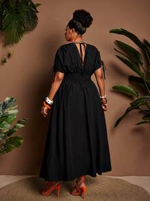 Maweii Simple Solid Color V-Neck Cute Short Sleeve Princess Style Dress - Black - View 3