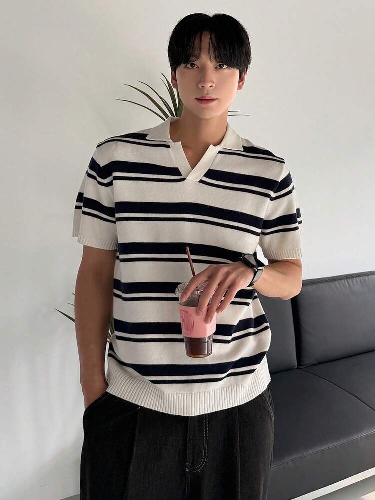 Men's Striped Colorful Short Sleeve Knit Top, Summer