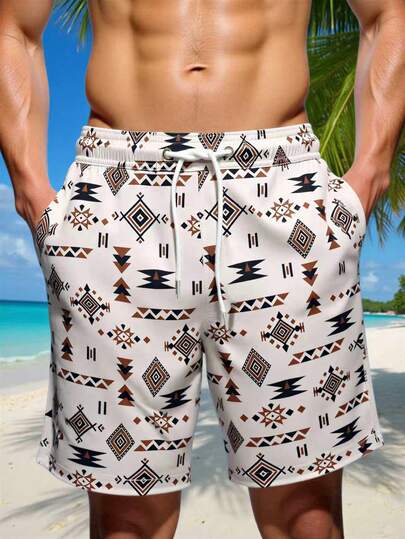 Manfinity Swimmode Men's Fashionable Geometric Print Casual Beach Shorts Men Matching Swim Trunks Swim Trunks For Men Beachwear For Men Men Swim Trunks Shorts Men Swim Trunks, Hawaiian