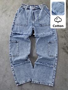Quần jeans ống đứng denim mài bạc màu, kiểu dáng thường ngày, thời trang dành cho bé trai tuổi teen, thiết kế tua rua. - Màu xanh lam - Xem 3