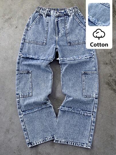 Plus Size Boys' Casual Fashionable Distressed Fringe Design Washed Denim Straight Jeans