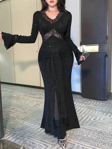 DAZY Lace Cinched Waist Midi Dress For Women - Black - View 7