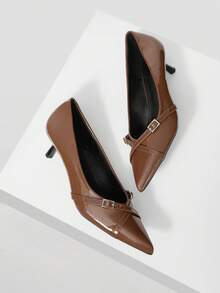 Mnmlis Women Shoes Spring And Autumn Cross Buckle Pointed Heel Commuter Patent Leather Brown Shoes Workplace Office - Brown - View 5