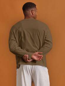 Musero Men Oversized Crewneck Long Sleeve Basic Plain T-Shirt Capsule Wardrobe Layering Autumn Winter - Brown - View 2