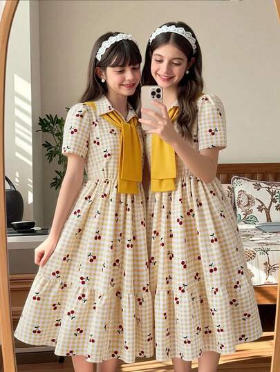 SHEIN ChillGRL Đầm vàng phối khăn choàng cho thiếu nữ, đầm ngắn tay dáng chữ A in họa tiết quả anh đào kẻ caro vàng, thích hợp cho kỳ nghỉ hè ở bãi biển kiểu Pháp.