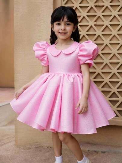 SHEIN Glamorique Kids Vestido de tul con volumen en la cintura y estampado floral para niñas, elegante vestido de fiesta con mangas abullonadas, apto para todas las estaciones