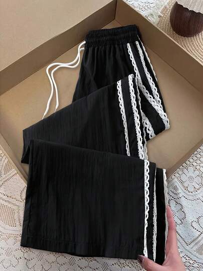 Franclia Plus Size Fashionable Versatile Casual Solid Color Lace Patchwork Loose Pants