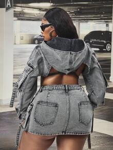 Slaydiva Sexy Vintage Washed Denim Long Sleeve Jacket - Grey - View 3