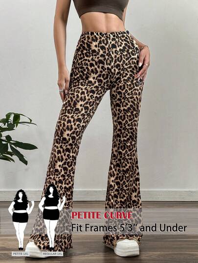 SHEIN PETITE CURVE Plus Size Women Leopard Print Elastic Waist Casual Flare Pants