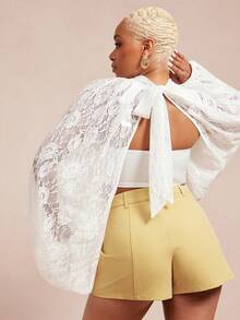 Vixey 薄纱蕾丝蝙蝠袖开衩下摆灯笼袖上衣 - 白色 - 查看 2