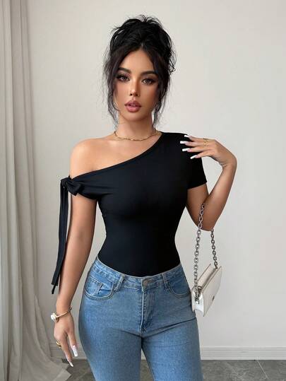 Rafferiza Camiseta de manga corta con lazo para mujer, adecuada para ir al trabajo, de vacaciones, fiestas y reuniones, primavera/verano