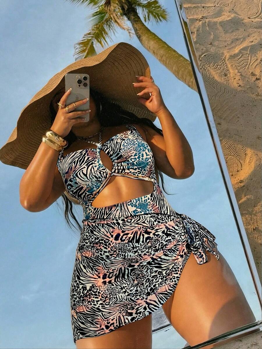 Swim SXY Bộ đồ bơi liền thân cỡ lớn dành cho nữ, họa tiết da báo, kiểu dáng ngẫu nhiên, dây mảnh, kèm chân váy cùng màu, kiểu dáng gợi cảm. - Nhiều màu - Xem 1