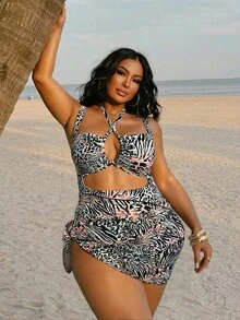 Swim SXY Áo tắm liền thân cỡ lớn dành cho nữ, họa tiết da báo, che phủ toàn thân, họa tiết ngẫu nhiên, gợi cảm. - Nhiều màu - Xem 5