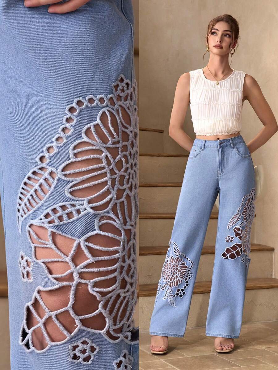Selenza Women's Floral Hollow Embroidery High Waist Pockets Wide Leg Loose Jeans - Blue - View 1