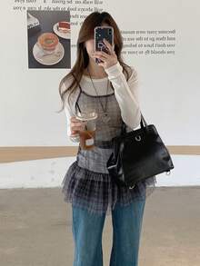 DAZY 格紋黑色雪紡上衣，適合情人節、婚禮、派對，時尚透視網紗吊帶背心上衣，女款，春夏季校園度假 - 黑色 - 查看 6