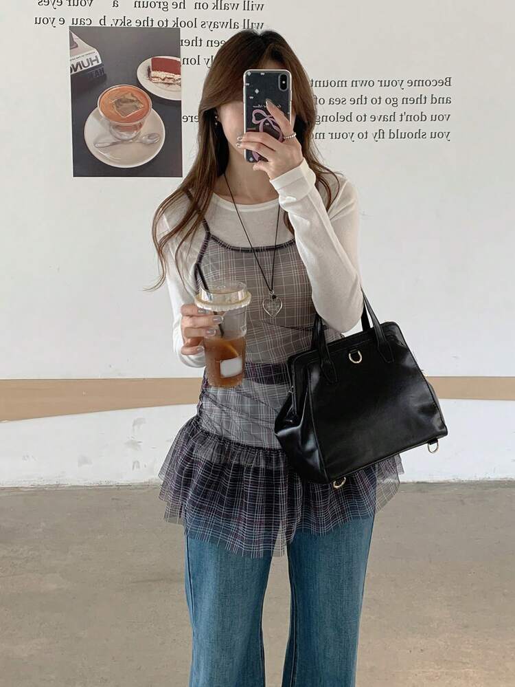 Plaid Black Chiffon Top, Suitable For Valentine's Day, Wedding, Party, Fashion Sheer Net Cami Top For Women, Spring & Summer