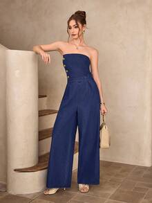 Selenza Women's Button Design Pleated Wide Leg Loose Denim Jumpsuit - Blue - View 6