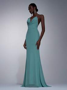 Elitara Elegant Teal Summer Bridesmaid Cocktail Evening Dress Mint Green High-Stretch Mesh Spaghetti Strap Halter Backless Fishtail Maxi With Metal Decor - Mint Green - View 8