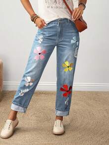 EMERY ROSE Quần jeans nữ dáng casual thêu hoa, có túi, rách. - Màu xanh lam - Xem 6