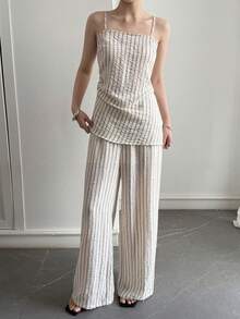 Livesso Ensemble Top sans manches style bohème rayé et pantalon droit ample, style décontracté chic pour le printemps et l'été. Tenue élégante pour les vacances, la plage et les déplacements. Ensemble de détente pour femmes. - Beige - Voir 4