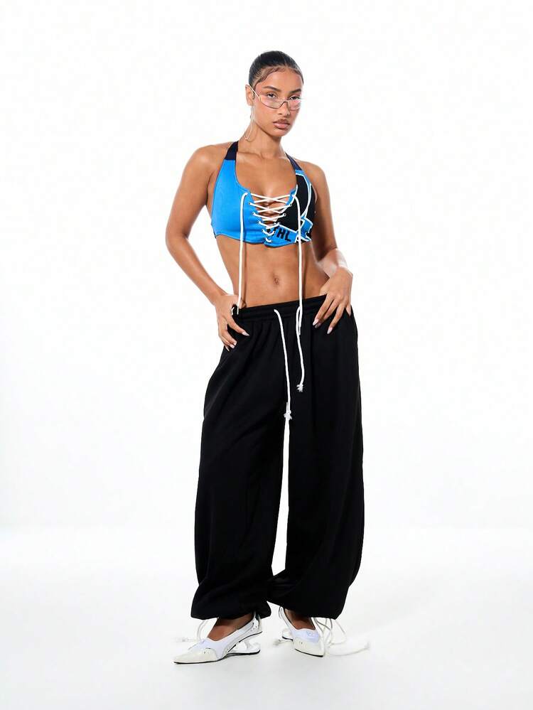 SUMWON WOMEN Black Balloon Fit Sweatpants With Rope Drawstring
