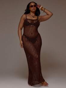 MUSERA Plus Size Open Crochet Knit Fitted Maxi Dress Cover Up Spring Summer Vacation Beach Holiday Cover Up Cute Ibiza Elegant - Coffee Brown - View 4