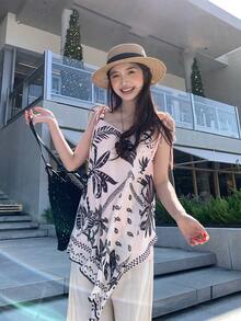DAZY Asymmetric Hem A-Line Long Camisole With All-Over Print, Casual Vacation Summer Top For Women Graphic Tee - Apricot - View 6