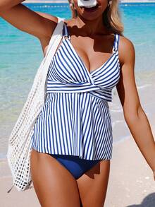 Swim Lushoire Women's Blue And White Striped Summer Tropical Tankini Set,Vacation Holiday Pool Party Nautical Swimwear With Ruched Twist Bust&Removable Strap - Blue and White - View 4